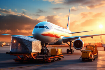 Fototapeta na wymiar Commercial cargo air freight airplane loaded at airport in background of beutiful sunset. Transport concept of distribution and logistics.