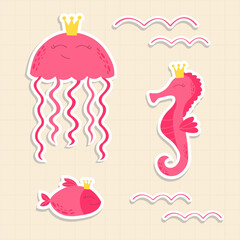 Cute sea animals. Vector stickers with jellyfish, seahorse and fish in flat style in pink color