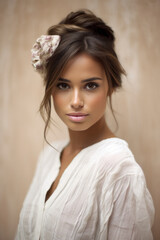 très belle jeune femme brune aux cheveux court posant  dans une tenue d'été blanche, une fleur dans les cheveux