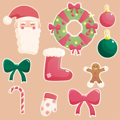 set of christmas elements with santa tree and sweets in vector