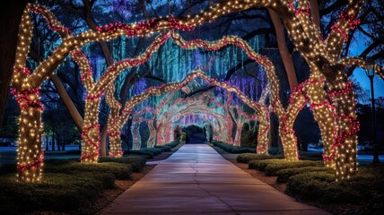 Obraz premium Elaborate and creative Christmas light displays in public areas and parks, attracting families and tourists during the holiday season