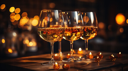 People celebrating, making toasts with wine and champagne glasses at a party. A lot of friends enjoy a warm evening indoors. Close up photo.