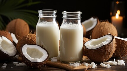 Close-up image of a bottle of coconut milk with fresh coconuts. AI generate illustration