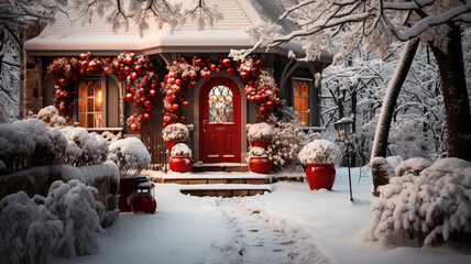 beautiful christmas decorations at night in snowy winter season, christmas concept.
