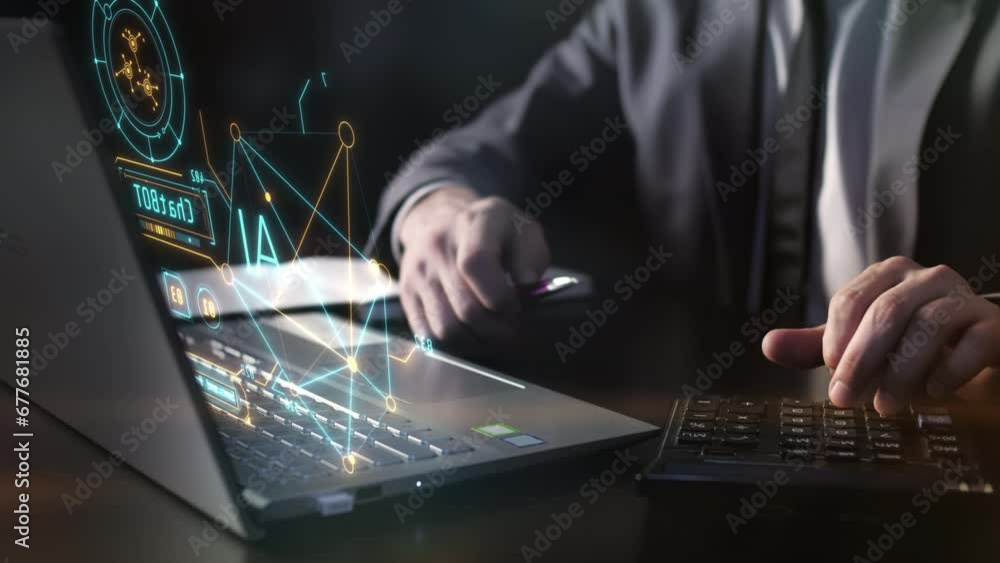 Poster working with artificial intelligence on a laptop.