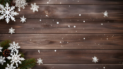 Fototapeta premium top view of Christmas Fir Tree on wooden background, copy space backdrop template, greeting invitation card, generative ai