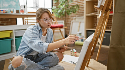 Young woman artist sitting on floor drawing at art studio