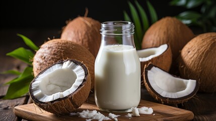 A bottle of coconut milk with a coconut placed beside it on a wooden surface. AI generate