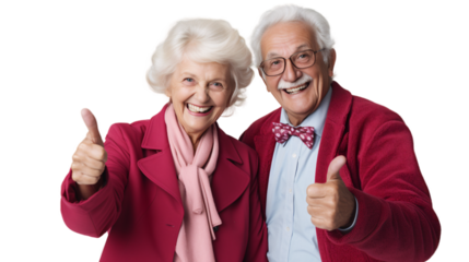 Adorable senior couple showing thumbs up on transparent background.