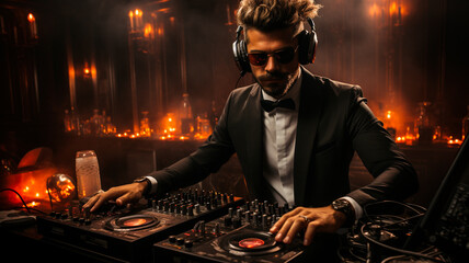 young man dj with headphones at nightclub