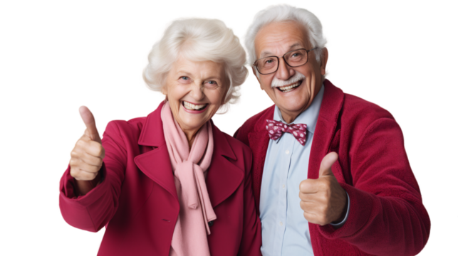 Adorable senior couple showing thumbs up on transparent background.