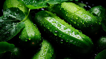 fresh cucumbers with dew drops on a black background. high quality photo