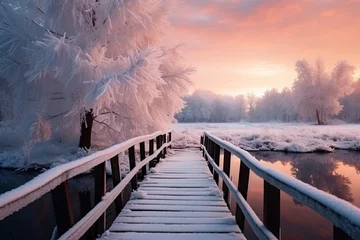 Fototapete Rund Winter landscape at dawn with frozen trees and close-up of a wooden bridge going into the park © Savinus
