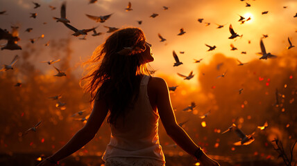 portrait of a young beautiful girl with long hair flying in the wind in the forest in a summer sunset