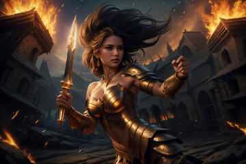A warrior woman in gold armor wielding a glowing sword, a background of burning village, dynamic perspective
