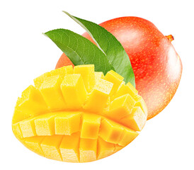 tasty mango with slices isolated on the white background. Clipping path - 677682875
