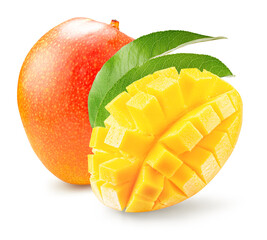 tasty mango with slices isolated on the white background. Clipping path