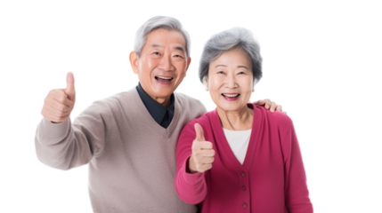 Adorable asian  senior couple showing thumbs up on transparent background.