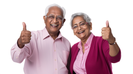 Happy indian senior couple showing thumbs up on transparent background.
