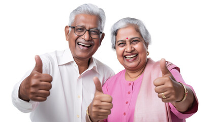 Cute indian senior couple showing thumbs up on transparent background.