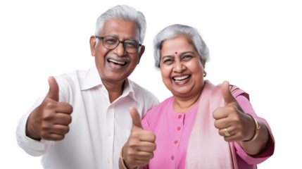 Cute indian senior couple showing thumbs up on transparent background.