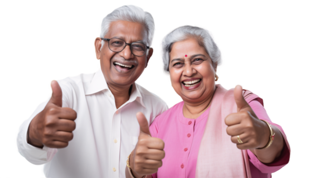 Cute indian senior couple showing thumbs up on transparent background.
