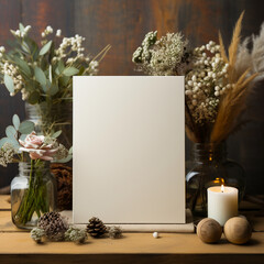 Blank invite mockup top down white wood background pen and plants. AI generative
