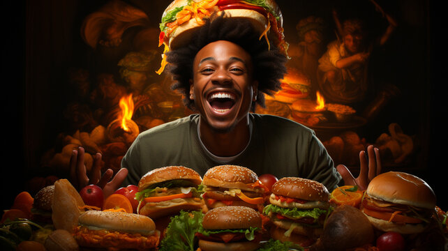 Young African American Man Eating Burger In Restaurant. Fast Food