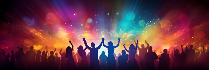 Silhouette of a party crowd on disco lights. Dancing in the club, template of party banner poster with free copy space, generative ai - obrazy, fototapety, plakaty