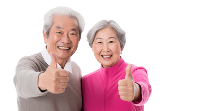 Happy asian senior couple showing thumbs up on transparent background.