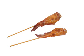 grilled chicken wing stabbing wooden stick on white background 