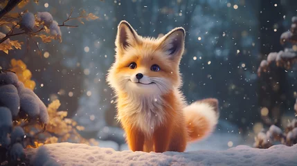 Tuinposter Red cute fox cub on the background of a snowy fairy tale winter forest with bokeh light and copy space. Cartoon illustration 3d. Christmas greeting card. © Tetiana