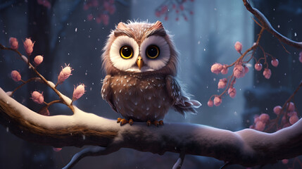 Cute owl sits on a branch against the backdrop of a fabulous winter, snowy forest, bokeh and copy space. Cartoon illustration. Christmas card with copy space.