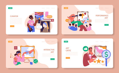 Museum or art gallery exhibition web or landing set. Visitors exploring diverse artworks. Curator guiding a excursion. Contemporary and classic art installation. Flat vector illustration