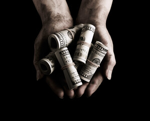 hands of beggar holding heap of cash dollars - obrazy, fototapety, plakaty