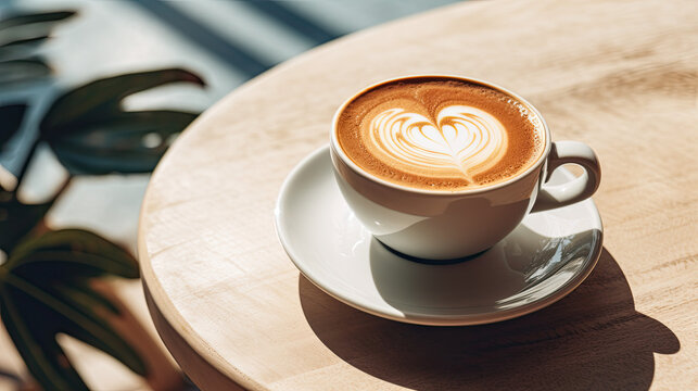 cup of coffee on wooden table, latte art, sunny light 