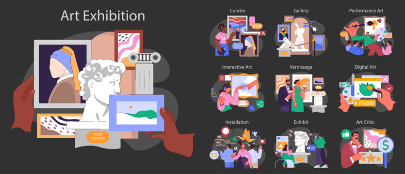 Museum or art gallery exhibition dark or night mode set. Visitors exploring contemporary and classic art installation. Curator guiding a excursion with interactive displays. Flat vector illustration