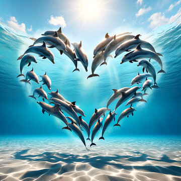 A photorealistic image depicting a group of dolphins swimming in a heart shape formation in the ocean
