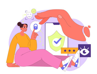 Cyber Security concept. Woman confidently interacts with security features, safeguarding digital data. Large hand gestures assurance. Shield signifies protection. Flat vector illustration.