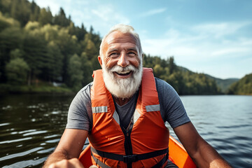 A sporty old man canoeing and wearing an orange life jacket on a mountain lake.