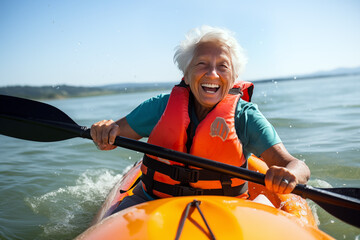 A sporty old woman canoeing keeping an oar and wearing an orange life jacket.