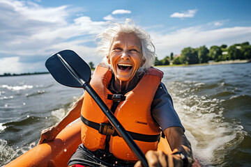 A sporty old woman canoeing keeping an oar and wearing an orange life jacket.