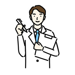 ペンでメモをとる白衣の男性