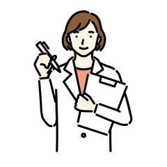 ペンでメモをとる白衣の女性