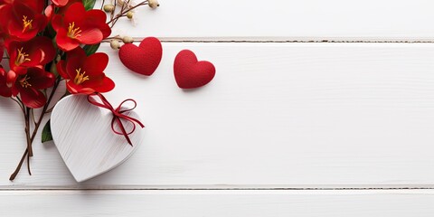 Love Trio Elegance - Arrange a red heart, a flower, and a gift box on a white wooden background, leaving ample copy space.