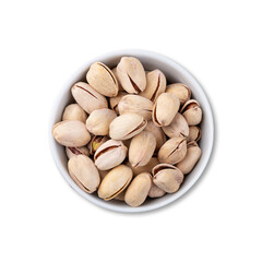 Salted roasted pistachios on a bowl isolated over white background