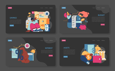 Financial Guidance web or landing set. Young individuals navigate savings, budgeting, credit, and asset management. Understanding interest rates, credit scores. Flat vector illustration