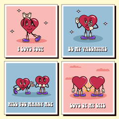 Fototapeta na wymiar Heart character retro groovy postcard. Y2K postcard a couple of hearts in a groove style. I love you. Be my valentine. Will you marry me. Love of my life