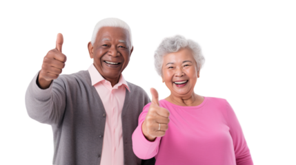 Happy multiracial senior couple showing thumbs up on transparent background.