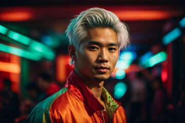 Obraz premium Ritratto di un giovane ragazzo asiatico, giapponese, cinese, coreano con capelli bianchi su uno sfondo futuristico verde e arancione di notte 